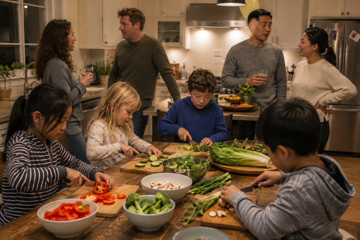 Two families with children prepping vegetables together at a kitchen table