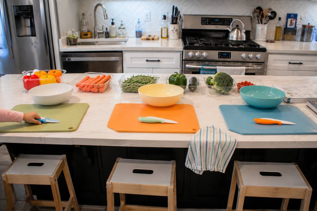 Kitchen prep stations set up with vegetables, bowls, cutting boards, and child-safe knives