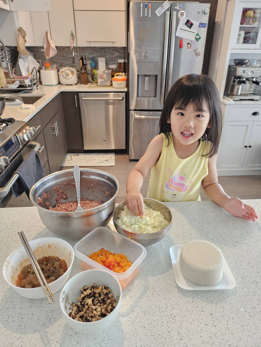 Naomi preparing dumpling filling