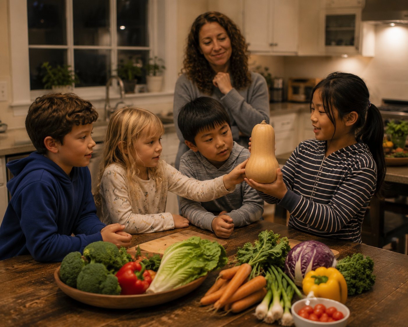 Children gathered around a table watching a girl present a butternut squash during Show and Tell